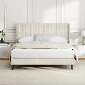 CozyLiving Double Upholstered Bed Frame with Cozy Tufted Headboard, Wood Slat Support, No Box Spring Needed - CHARLIE (Beige)