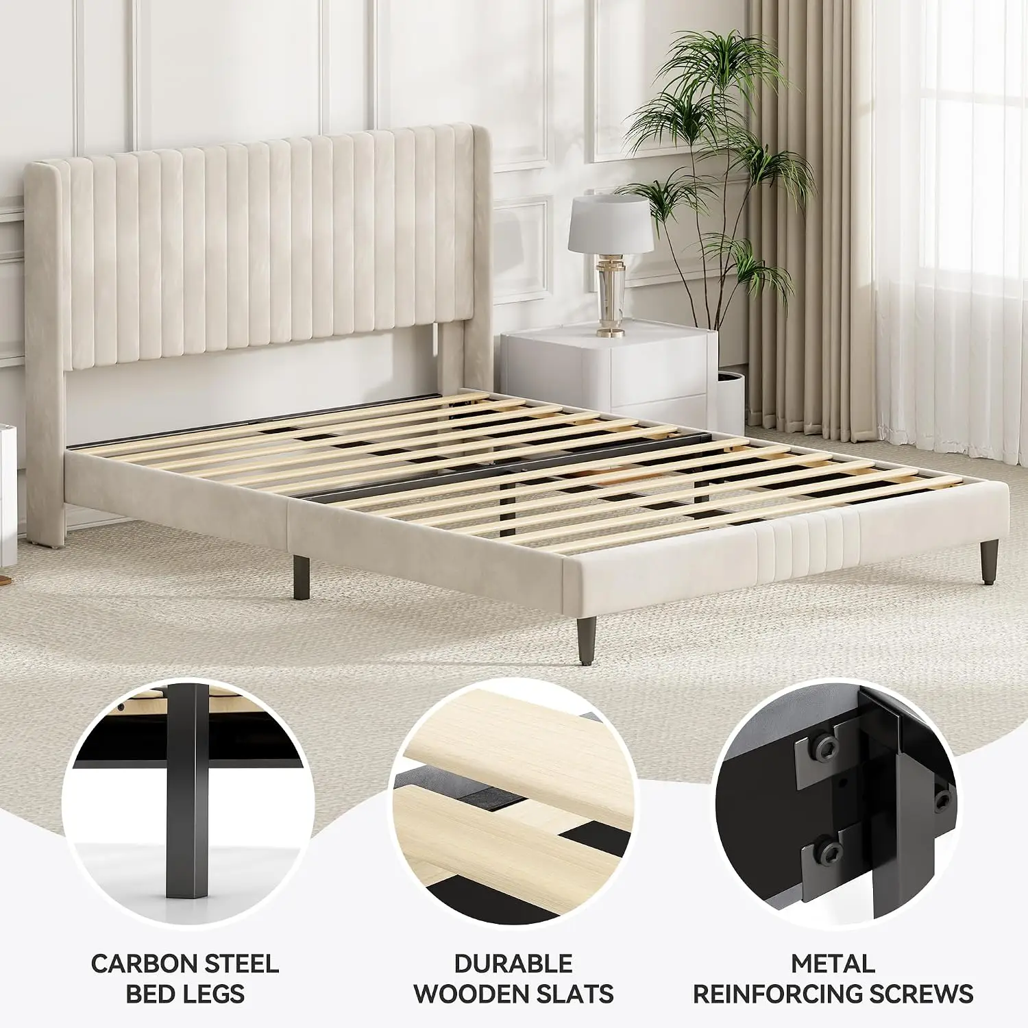 CozyLiving Double Upholstered Bed Frame with Cozy Tufted Headboard, Wood Slat Support, No Box Spring Needed - CHARLIE (Beige) - Image 6