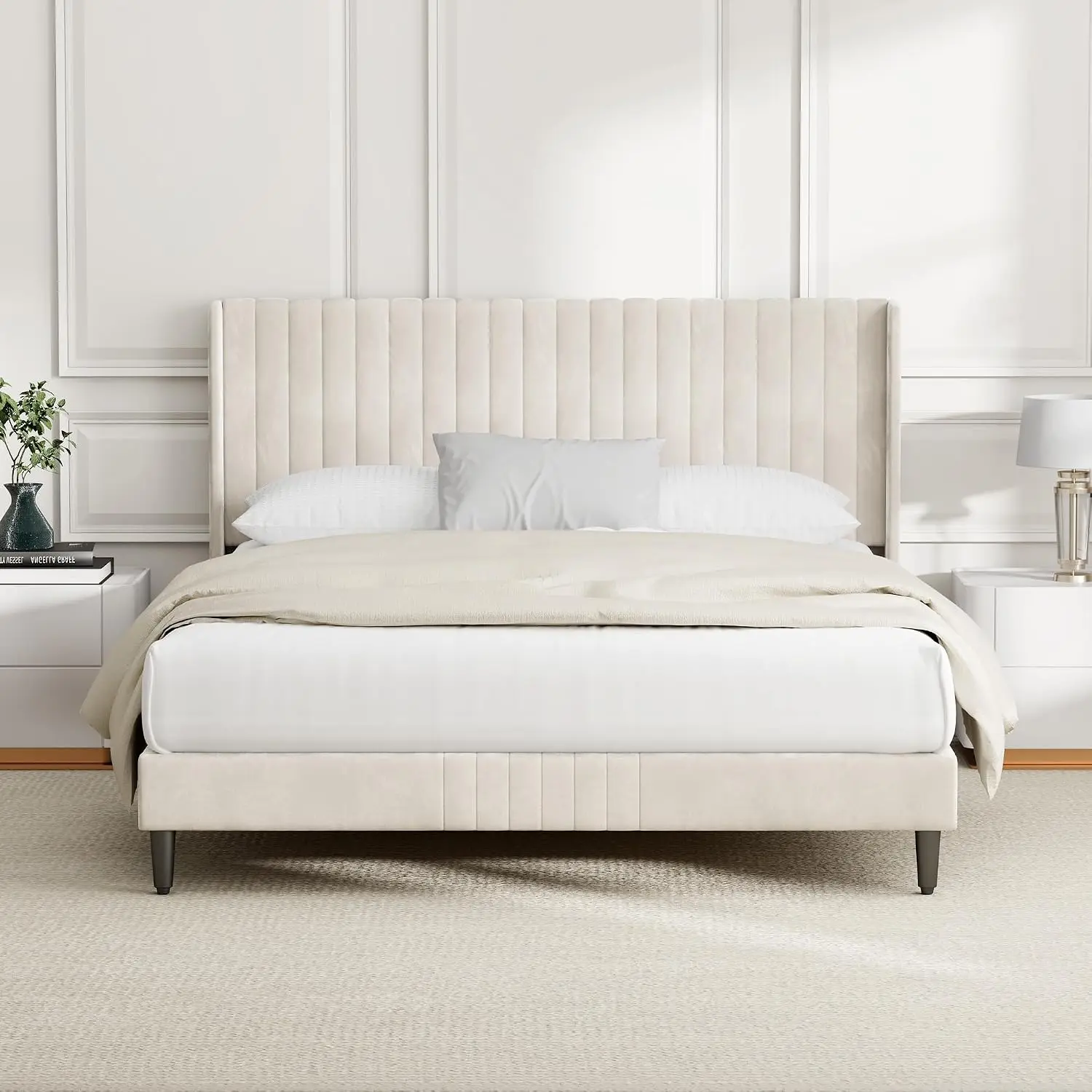 CozyLiving Double Upholstered Bed Frame with Cozy Tufted Headboard, Wood Slat Support, No Box Spring Needed - CHARLIE (Beige)