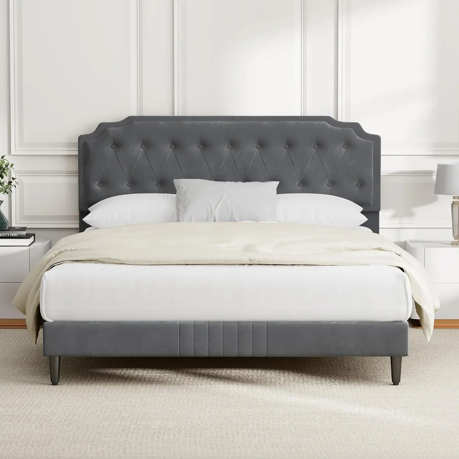 CozyLiving Upholstered Bed Frame with Cozy Button Tufted Headboard & Adjustable Height, Wood Slat Support, No Box Spring Needed - CHELSEY - Image 3