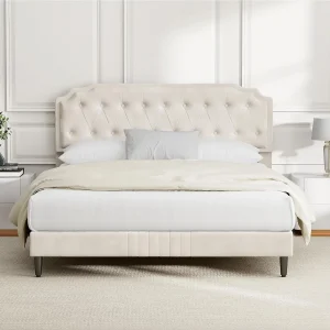 CozyLiving Upholstered Bed Frame with Cozy Button Tufted Headboard & Adjustable Height, Wood Slat Support, No Box Spring Needed - CHELSEY