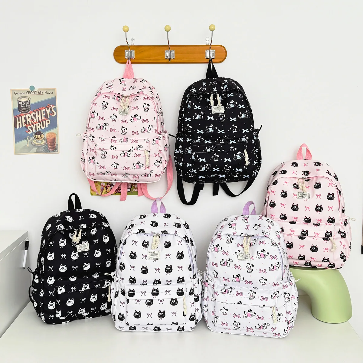 Cute Girl Animal Bow Printed Middle School Student Backpack Nylon Lightweight Large Capacity Casual Backpack Campus Outdoor - Image 4