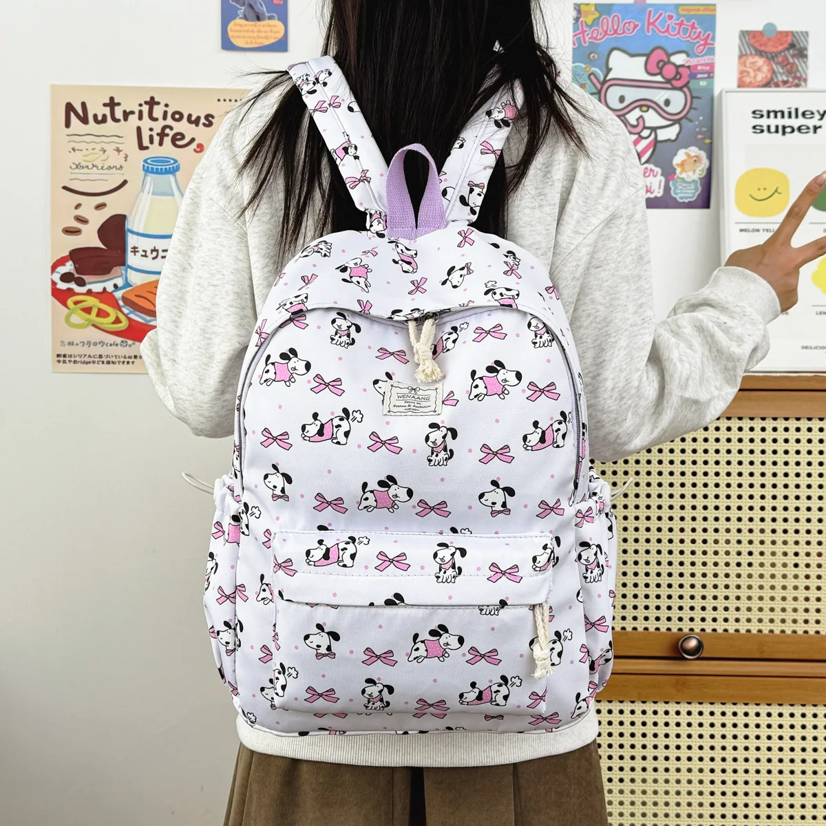 Cute Girl Animal Bow Printed Middle School Student Backpack Nylon Lightweight Large Capacity Casual Backpack Campus Outdoor - Image 5