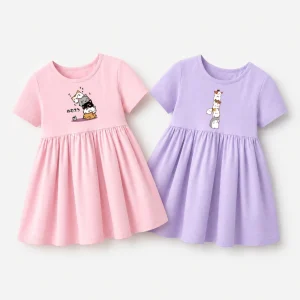 Cute and Funny Cat Dress For Toddler Girls Short Sleeved Cotton Clothes Mouse Cartoon Printed Dresses 3-14T
