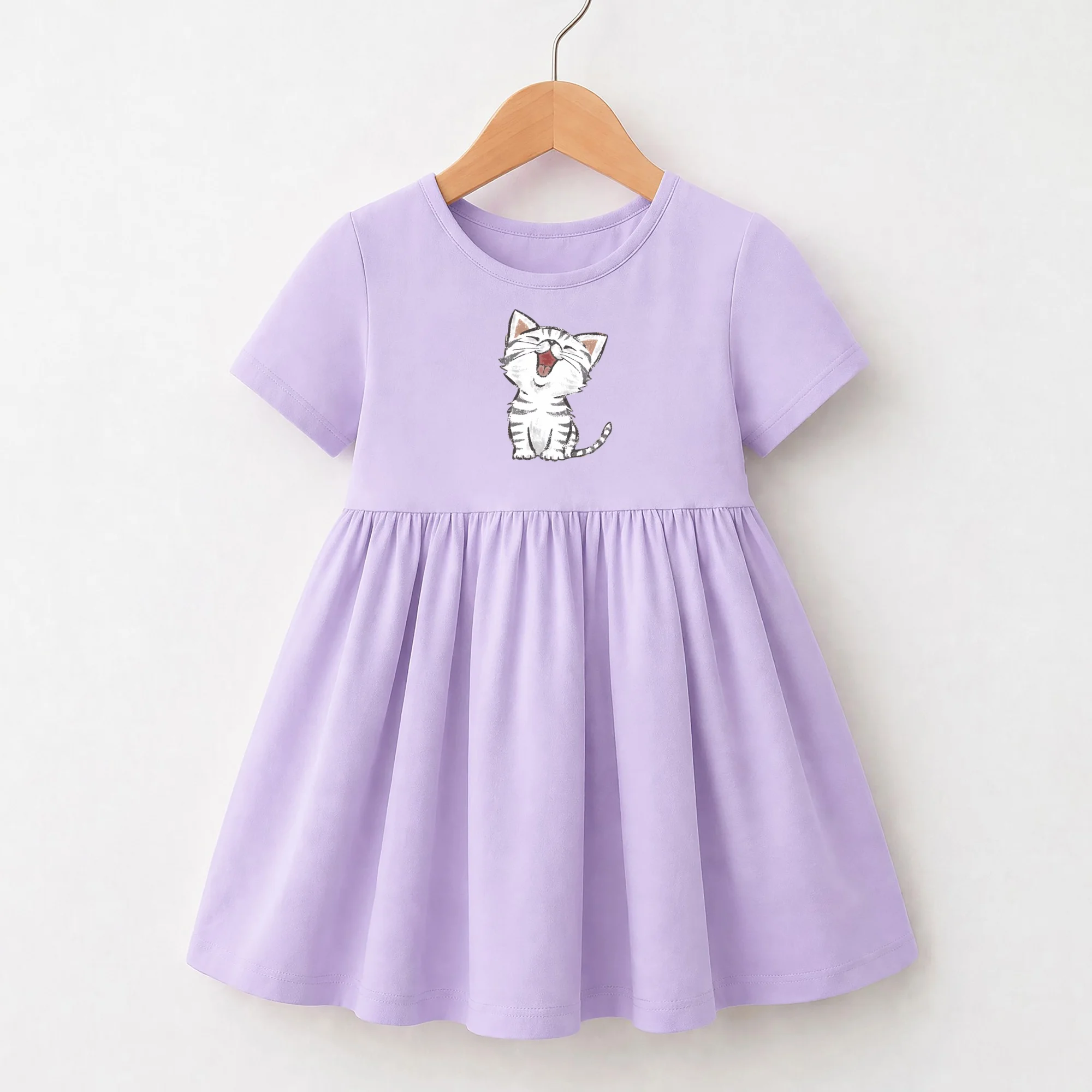 Cute and Funny Cat Dress For Toddler Girls Short Sleeved Cotton Clothes Mouse Cartoon Printed Dresses 3-14T - Image 5