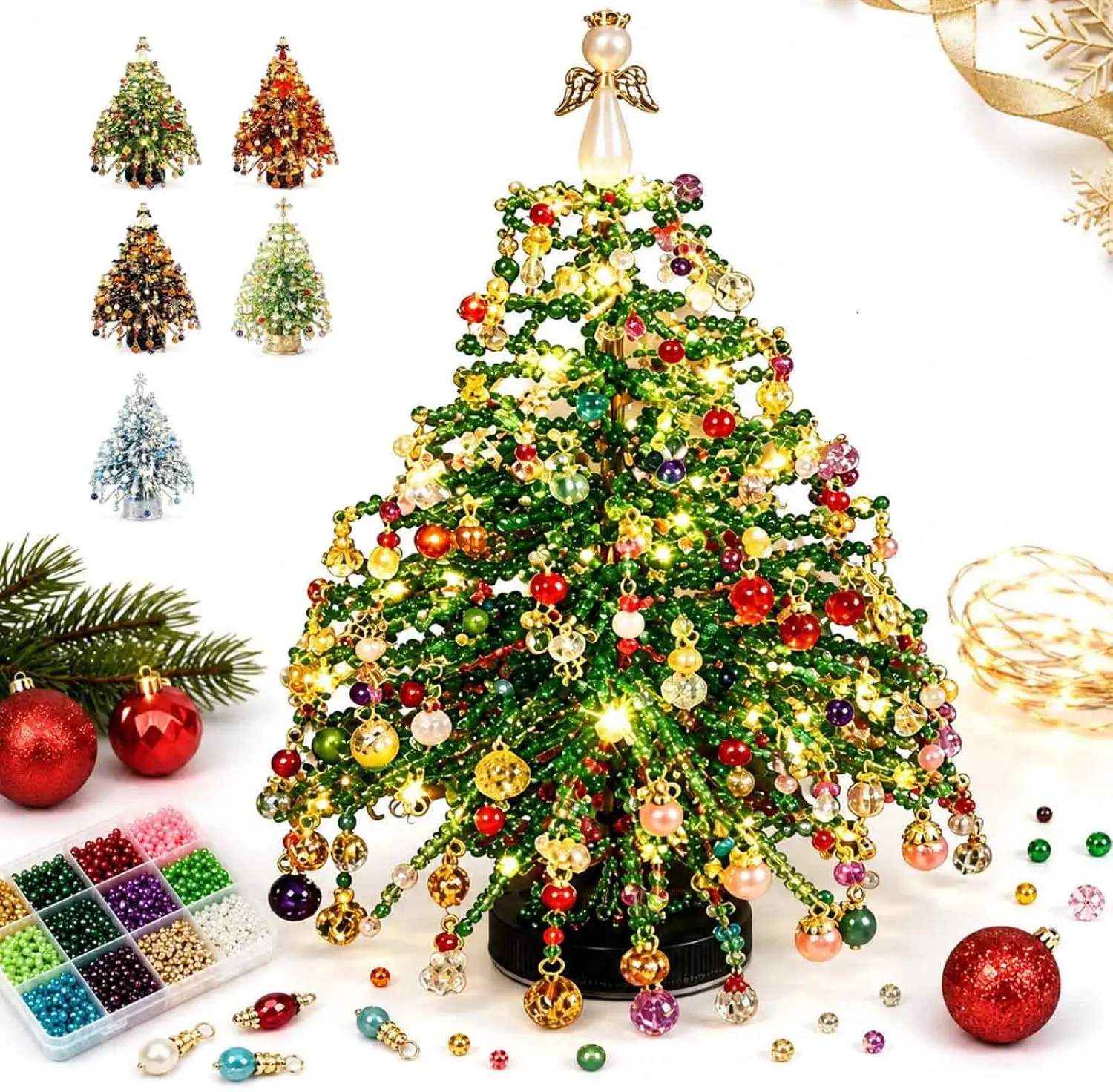 DIY Beaded Christmas Tree Kit, Crystal Bead Holiday Craft Set | DIY Beaded Christmas Tree Kit with Crystal Beads and Ornaments