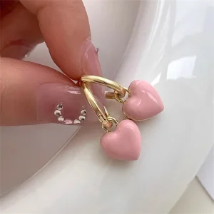 Delicate Sweet Pink Heart Shape Drop Earrings for Women Romantic Gold Color Geometry Hoop Earring Girls Party Daily Jewelry Gift