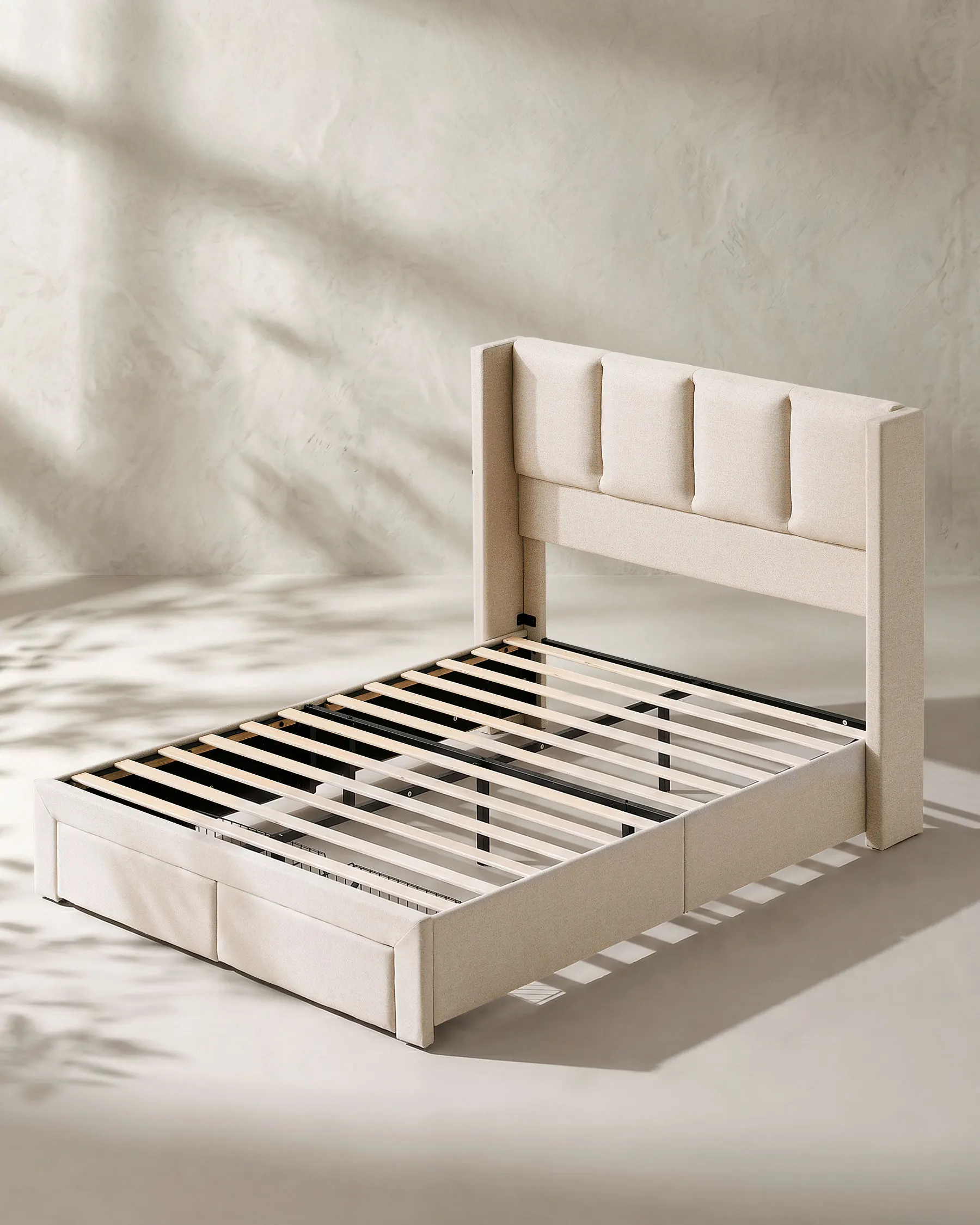 Double Bed Frame with Wooden Slat Frame,Upholstered Linen Channel Tufted Headboard,Two Drawers Storage Cabinet, - Image 2