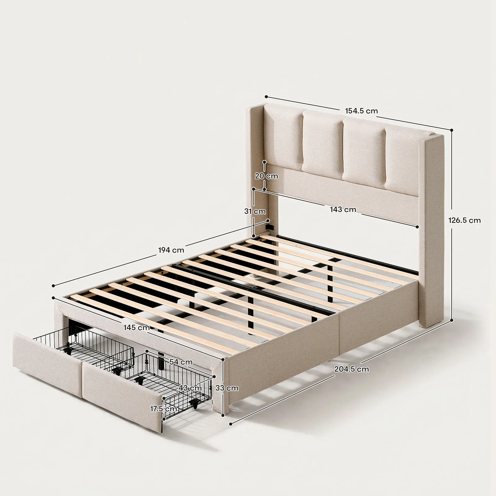 Double Bed Frame with Wooden Slat Frame,Upholstered Linen Channel Tufted Headboard,Two Drawers Storage Cabinet, - Image 7
