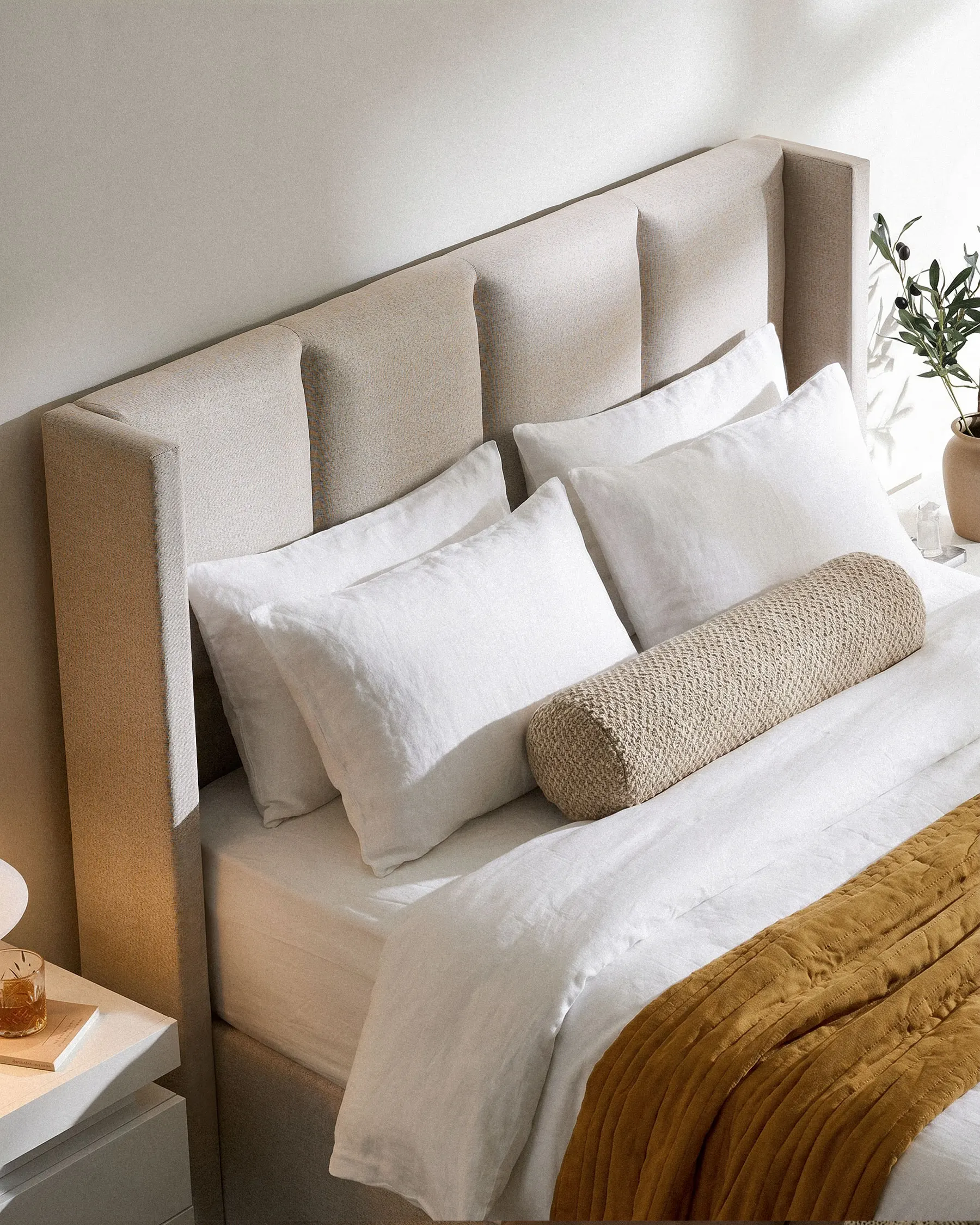 Double Bed Frame with Wooden Slat Frame,Upholstered Linen Channel Tufted Headboard,Two Drawers Storage Cabinet, - Image 4