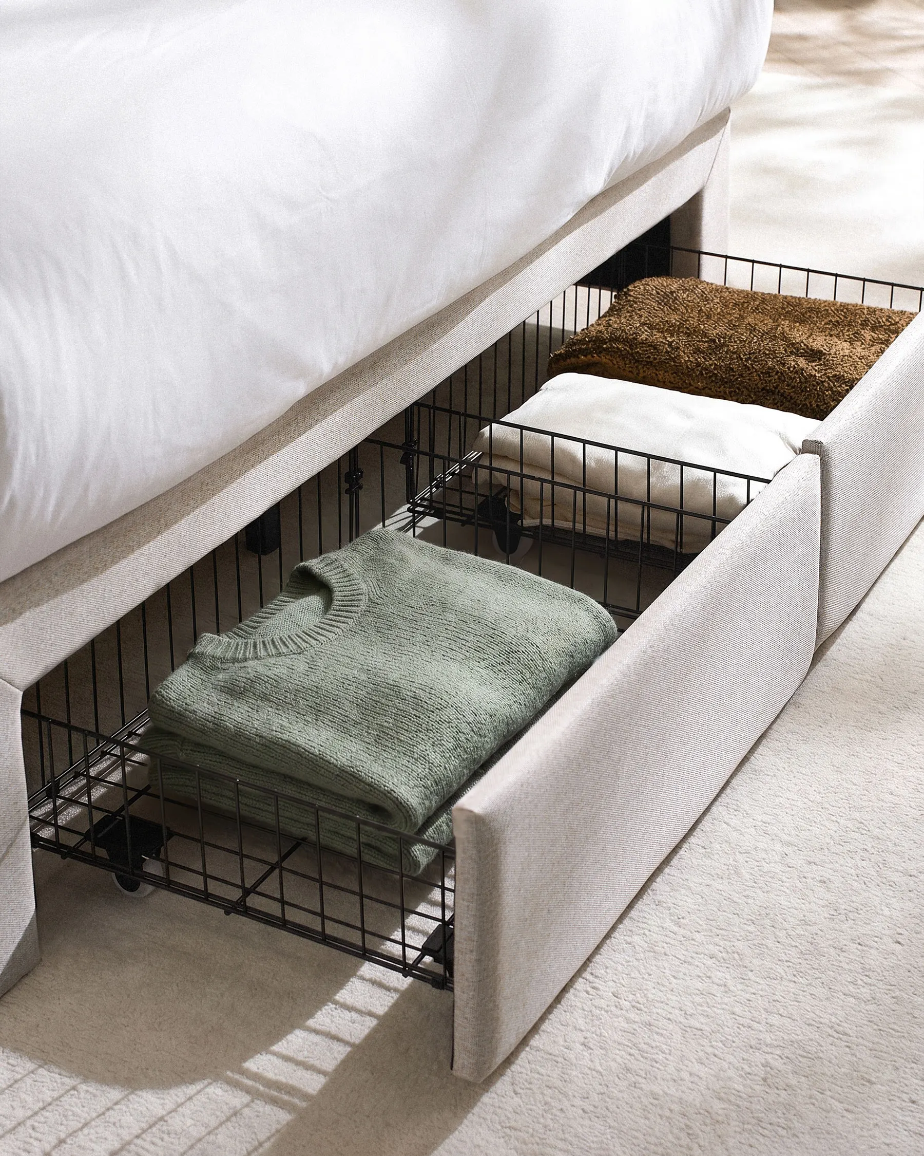 Double Bed Frame with Wooden Slat Frame,Upholstered Linen Channel Tufted Headboard,Two Drawers Storage Cabinet, - Image 6