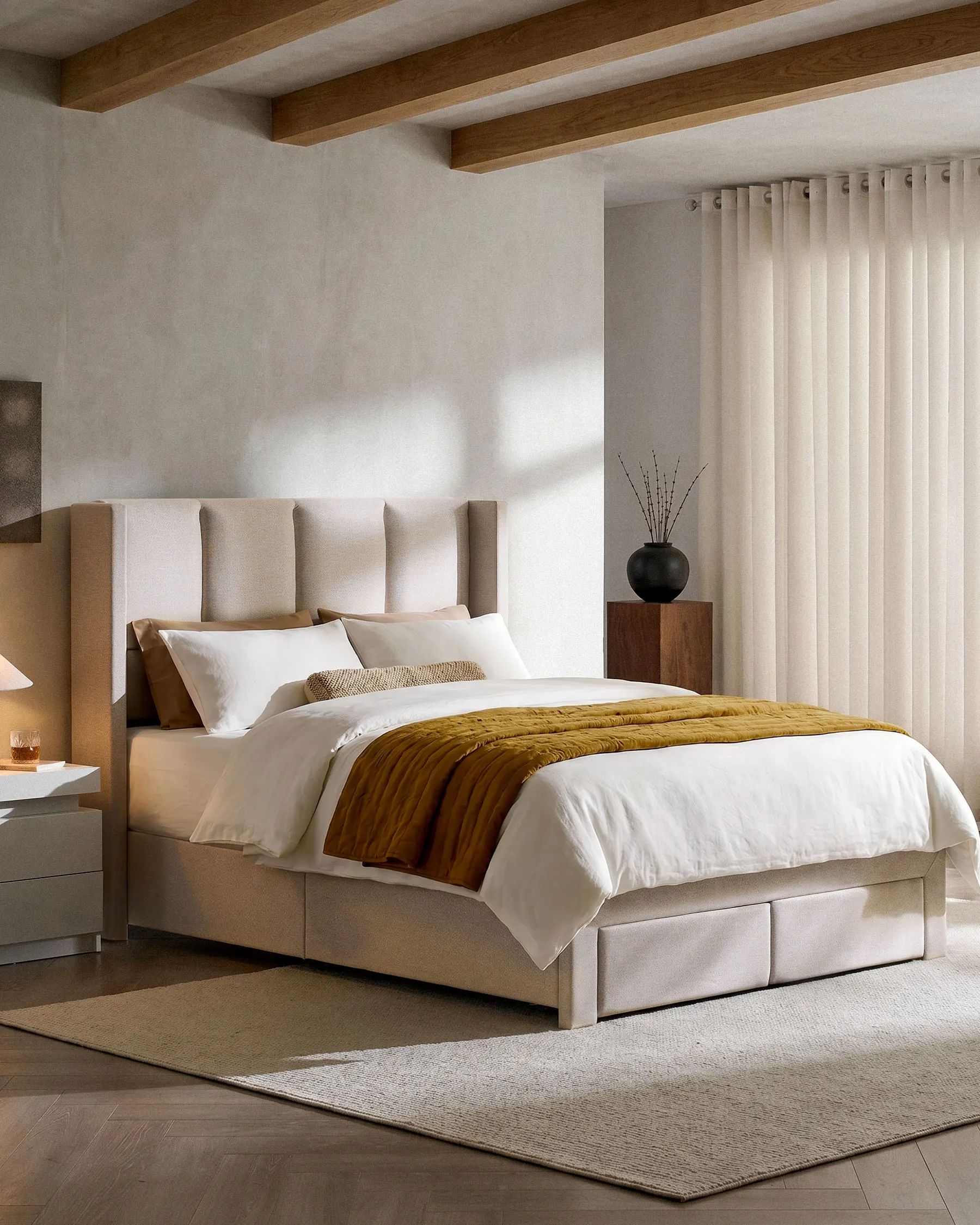 Double Bed Frame with Wooden Slat Frame,Upholstered Linen Channel Tufted Headboard,Two Drawers Storage Cabinet,