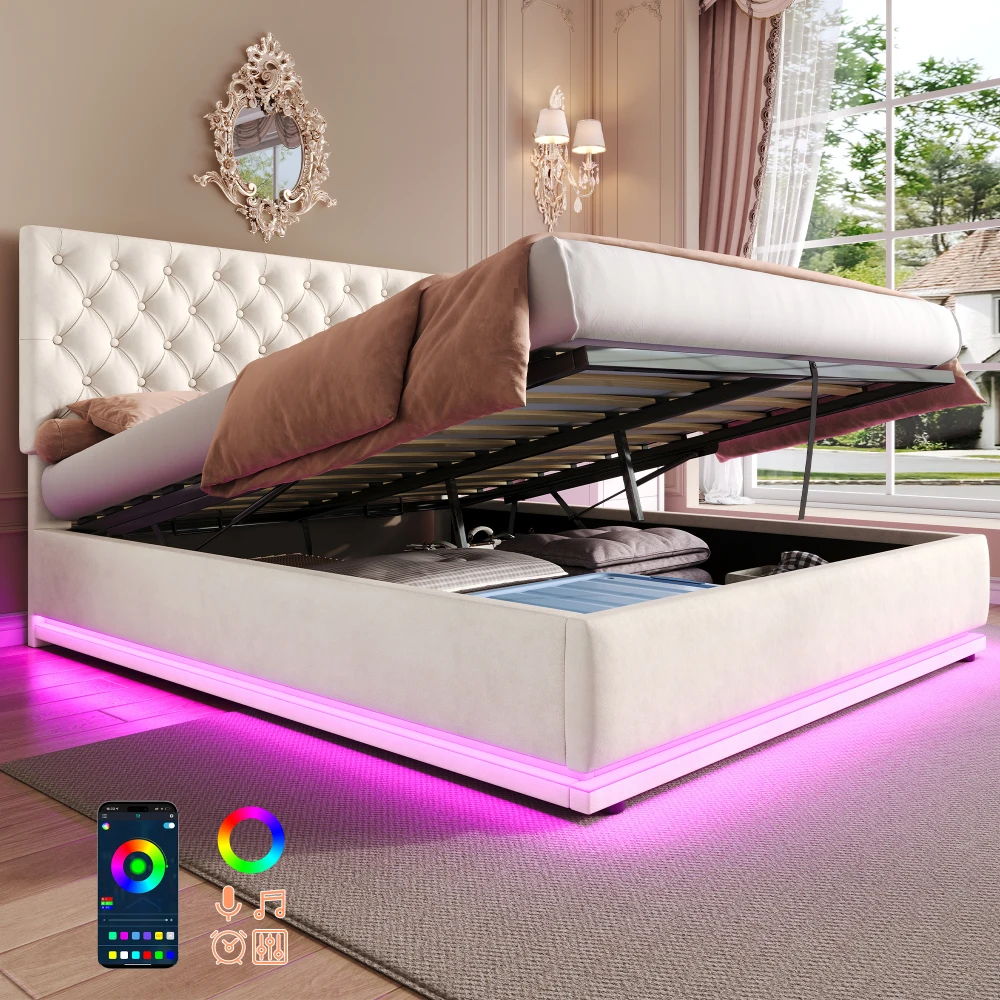 Double Ottoman Bed with LED Lighting, Velvet Upholstered Bed with Hydraulic Storage,No Box Spring Needed, Beige (No Mattress)