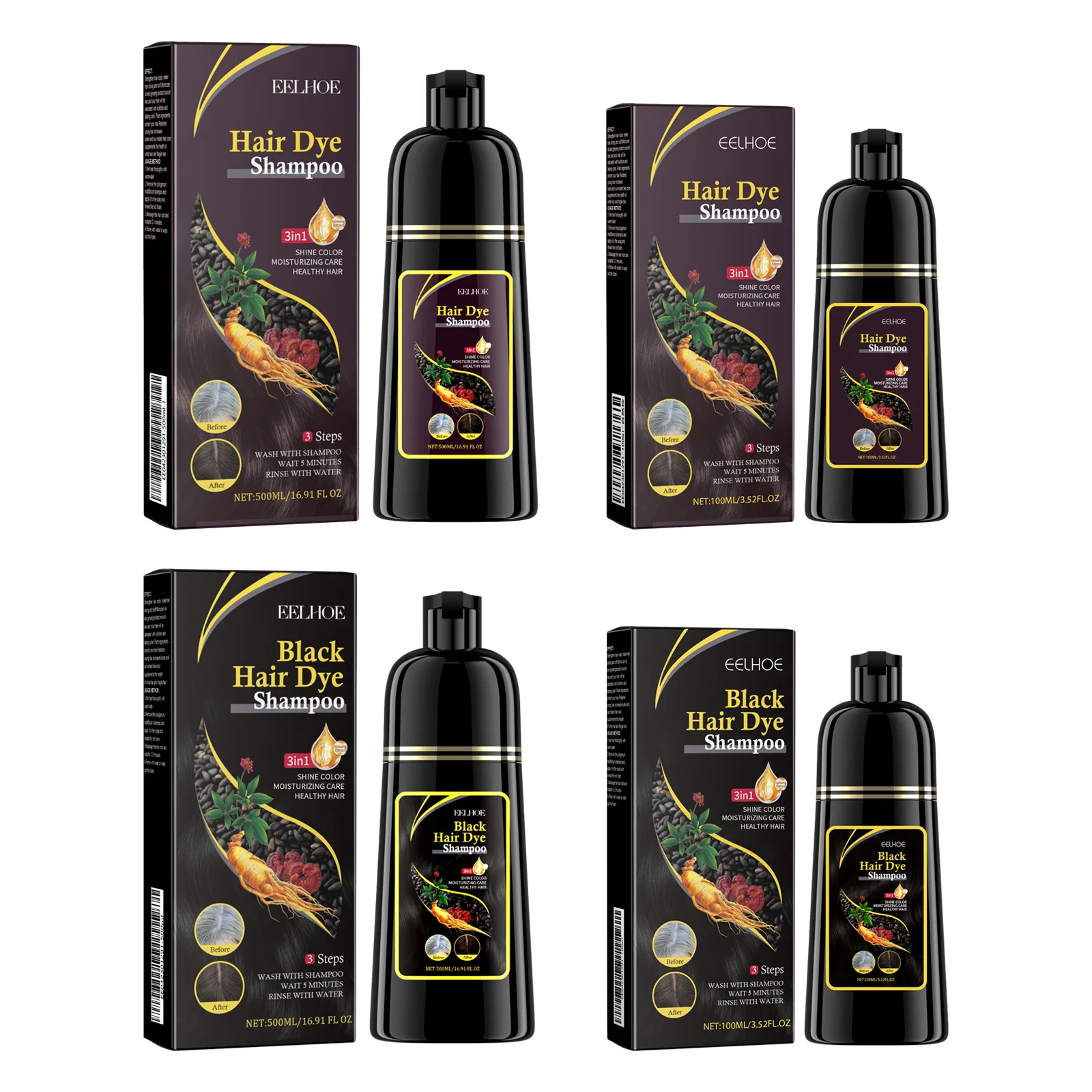 EELHOE Black Hair Dye Shampoo 3 in 1 Growth Clean Hair Darkening Deep Nourishing Black Hair Dye Shampoo Natural Organic Herbal - Image 2