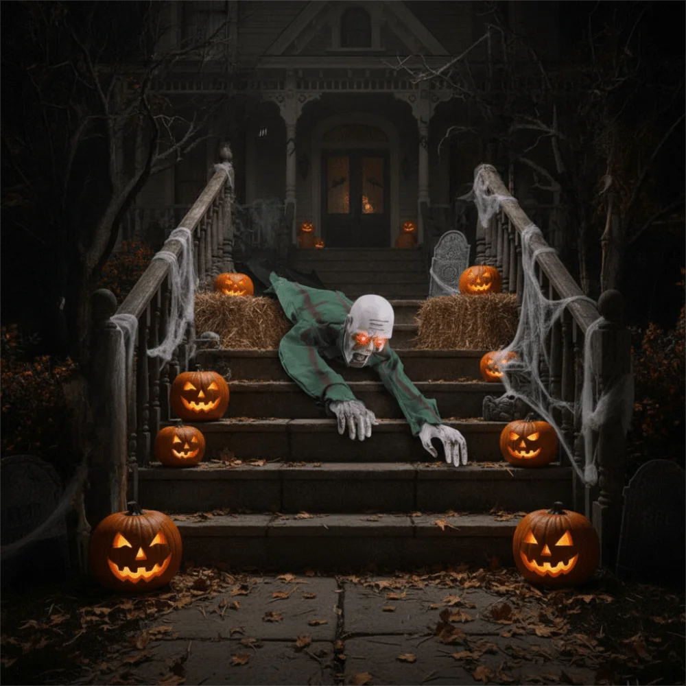 Electric Halloween Crawling Ghost Bald Head Glowing Eye Climbing Zombie Figure Realistic Folding Yard Bloody Zombie Outdoor - Image 3