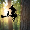 Enchanting Witch & Cat Garden Decor - Durable Iron Art with Flying Broomstick, for Halloween & Outdoor, Outdoor Garden Decor