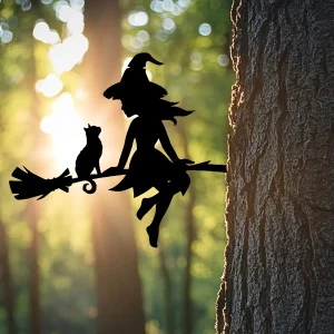 Enchanting Witch & Cat Garden Decor - Durable Iron Art with Flying Broomstick, for Halloween & Outdoor, Outdoor Garden Decor