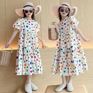 Fashion Summer Girls Dress 2026 Dot Beach Long Dress For Girl Bohemia Children Princess Loose Dresses Costume Teen 8 10 12 14 Y