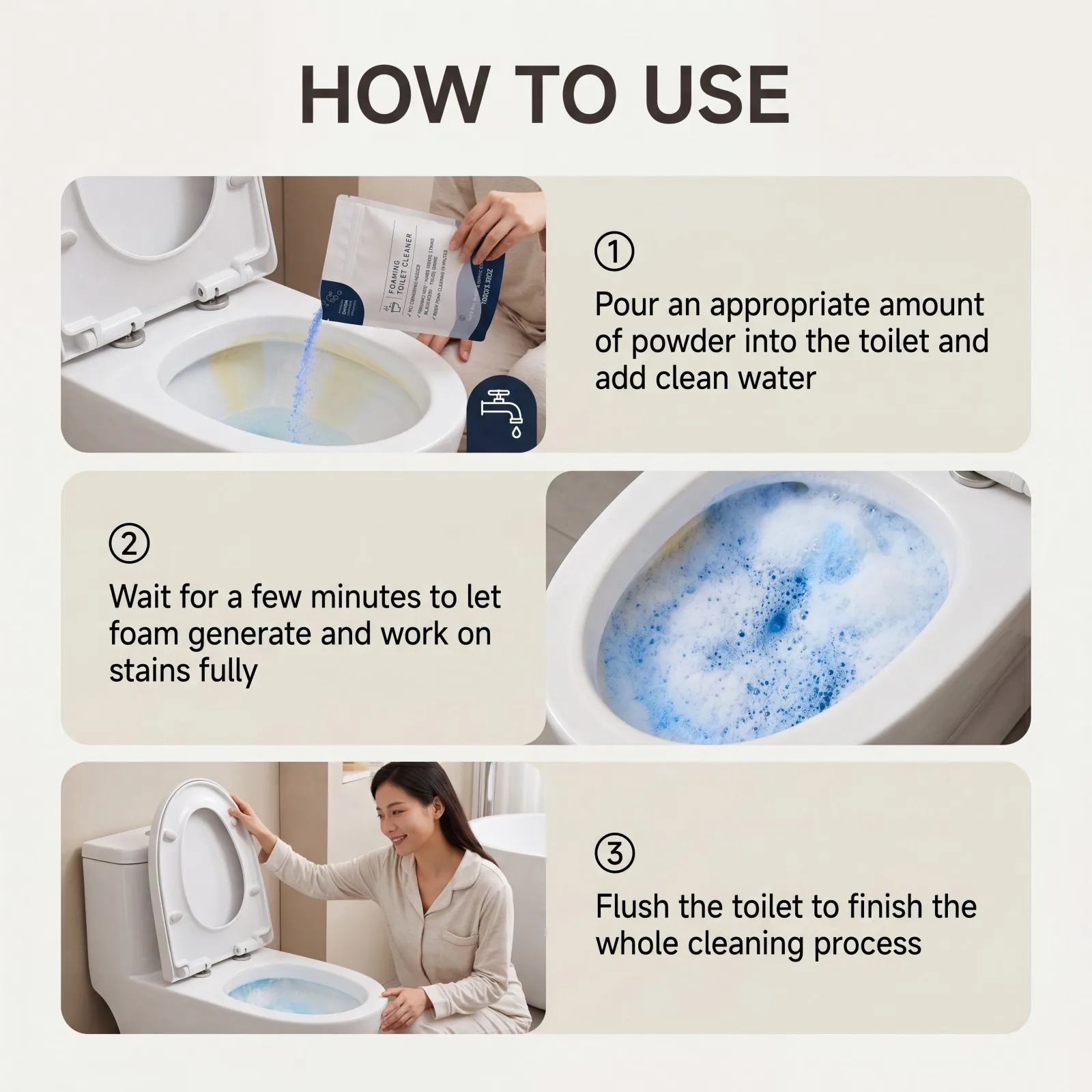 Foaming Toilet Cleaner No Scrubbing Urine Stains Hard Water Stains Black Mold Remover Deep Foam Cleaning Cleaner Powder 100g - Image 6