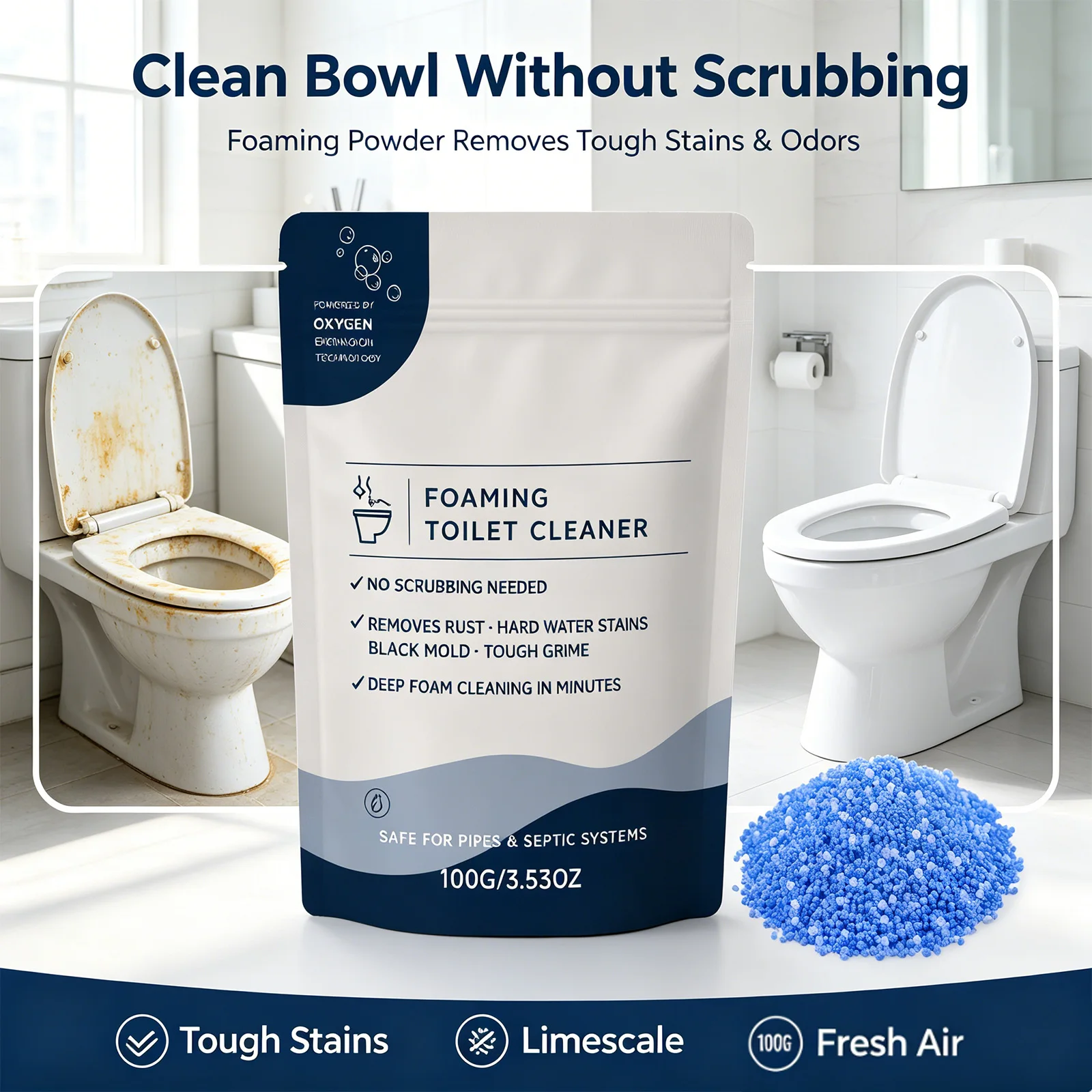Foaming Toilet Cleaner No Scrubbing Urine Stains Hard Water Stains Black Mold Remover Deep Foam Cleaning Cleaner Powder 100g
