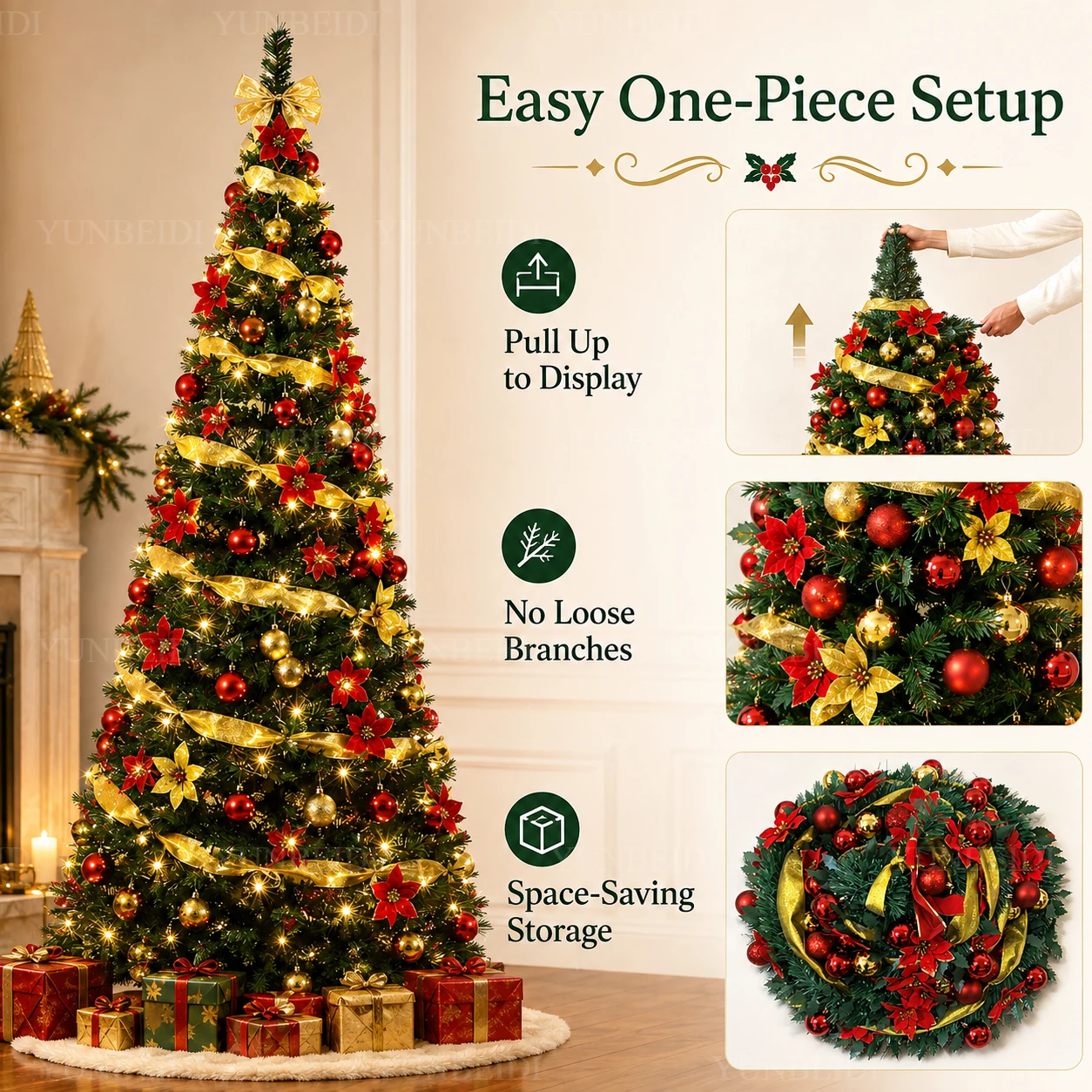 Foldable Christmas Tree with LED Lights Decoration Accessories Integrated Artificial Christmas Tree 1.5M To 2.1M for Home Decor - Image 3