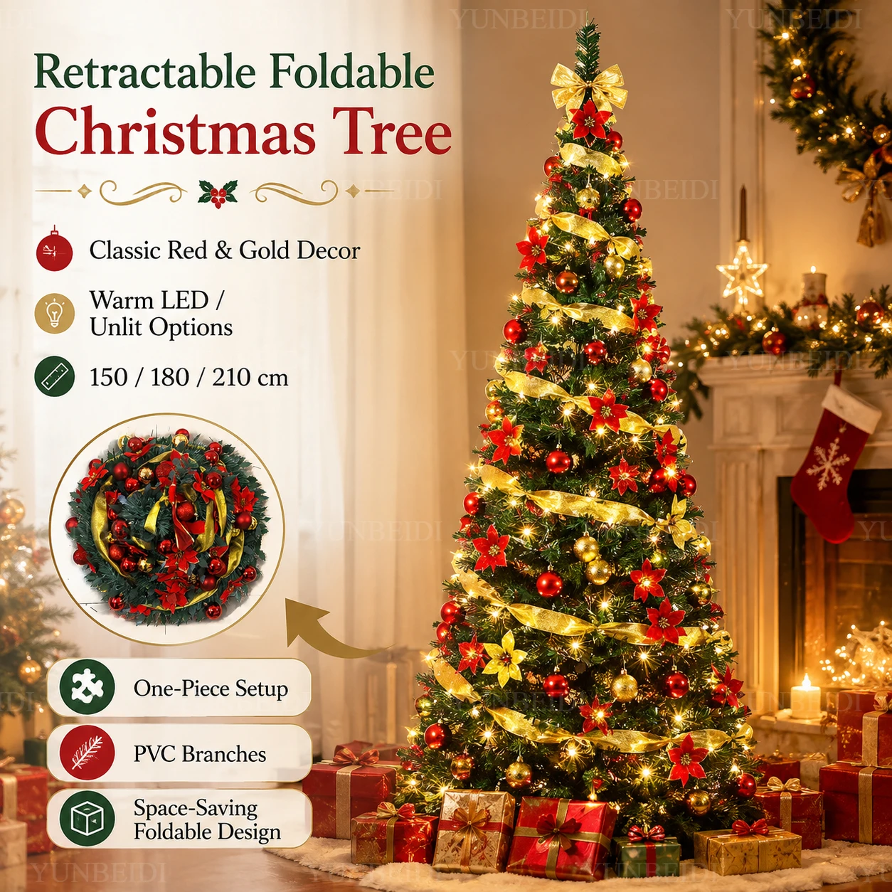 Foldable Christmas Tree with LED Lights Decoration Accessories Integrated Artificial Christmas Tree 1.5M To 2.1M for Home Decor