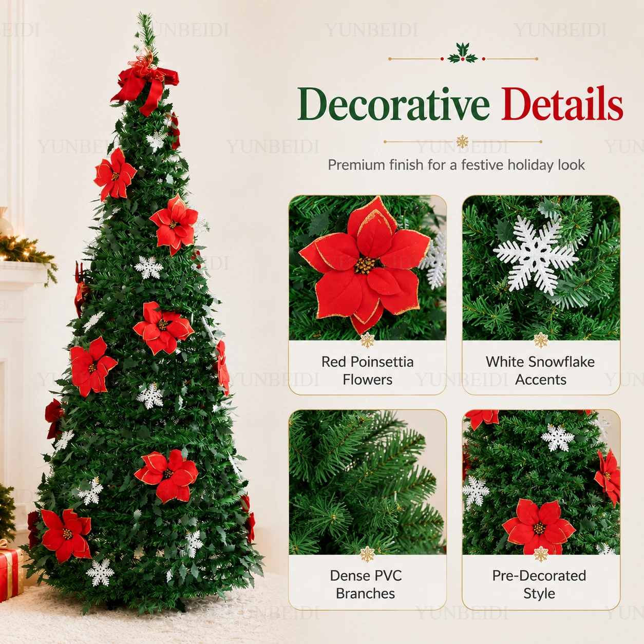 Foldable Integrated Artificial Christmas Tree with Ornaments LED Lights Exquisite 180CM Christmas Tree Home Christmas Decoration - Image 2