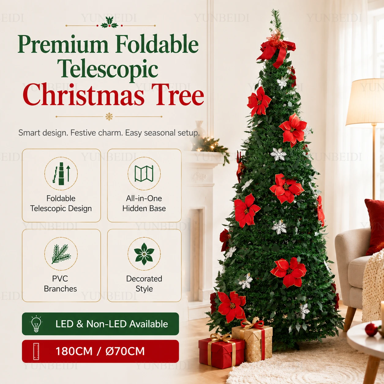 Foldable Integrated Artificial Christmas Tree with Ornaments LED Lights Exquisite 180CM Christmas Tree Home Christmas Decoration - Image 3