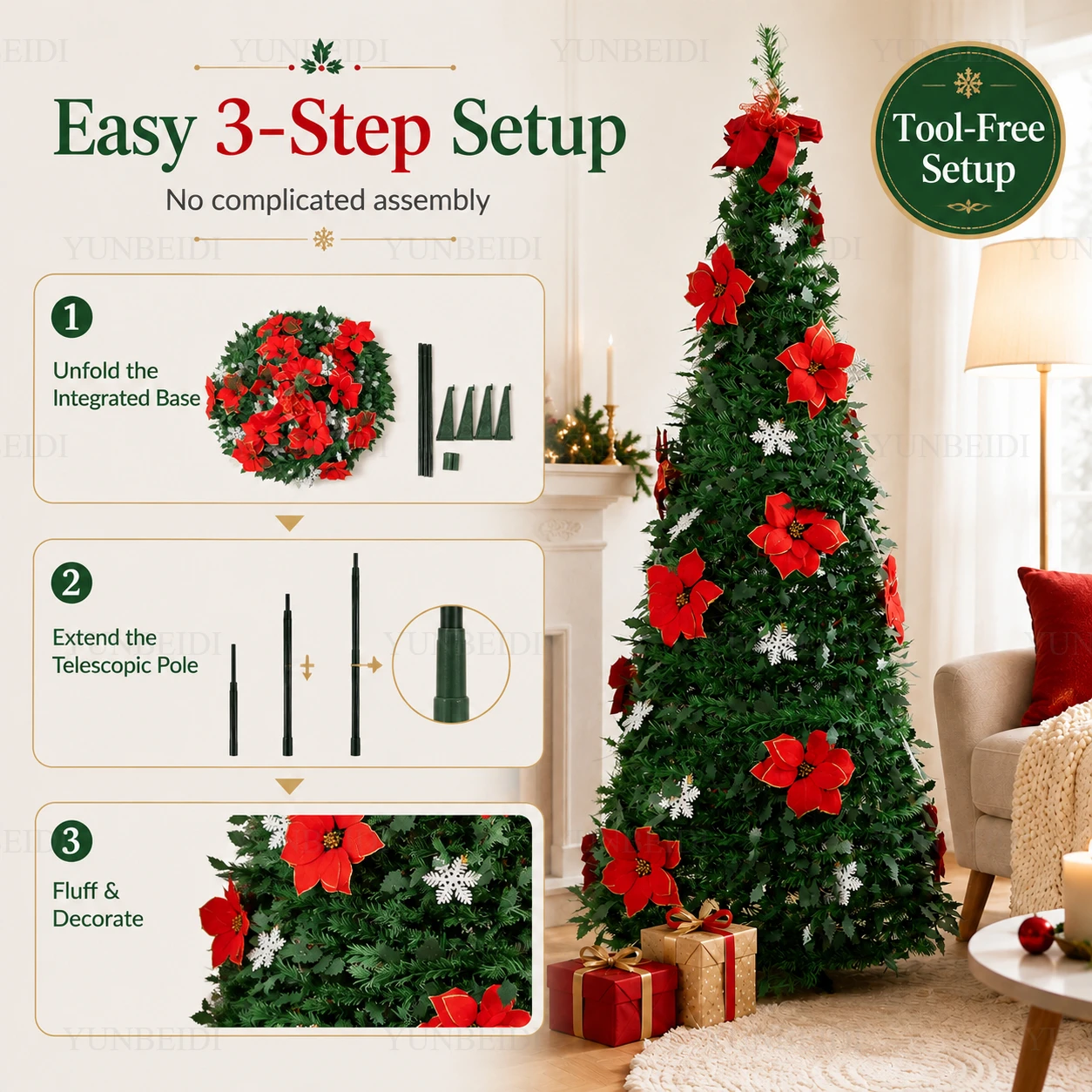 Foldable Integrated Artificial Christmas Tree with Ornaments LED Lights Exquisite 180CM Christmas Tree Home Christmas Decoration - Image 4