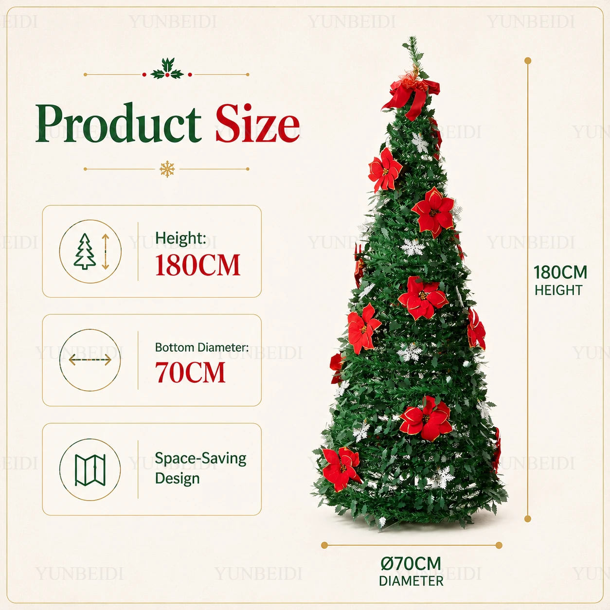 Foldable Integrated Artificial Christmas Tree with Ornaments LED Lights Exquisite 180CM Christmas Tree Home Christmas Decoration - Image 6