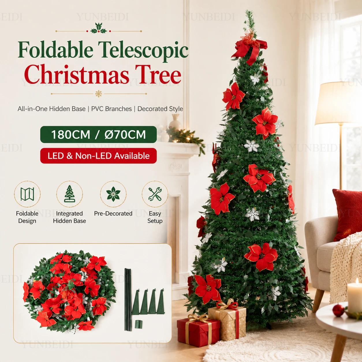 Foldable Integrated Artificial Christmas Tree with Ornaments LED Lights Exquisite 180CM Christmas Tree Home Christmas Decoration