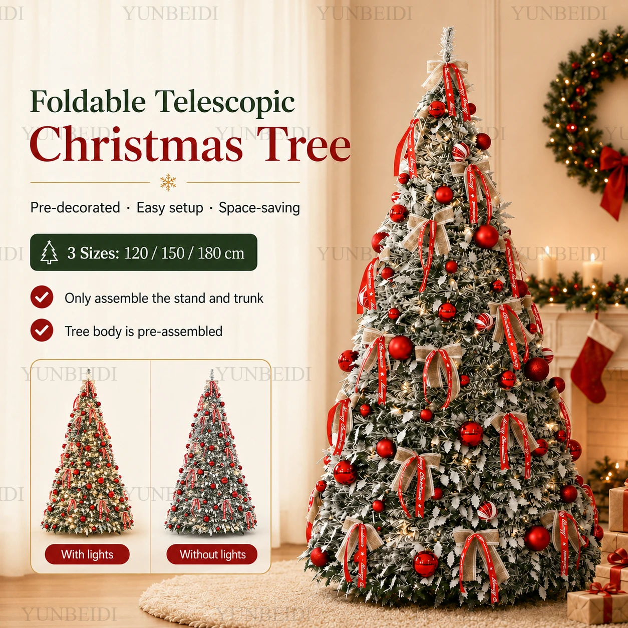Folding and Retractable Christmas Tree with LED Light Decoration 120CM To 180CM High-end Christmas Tree Home Party Decoration