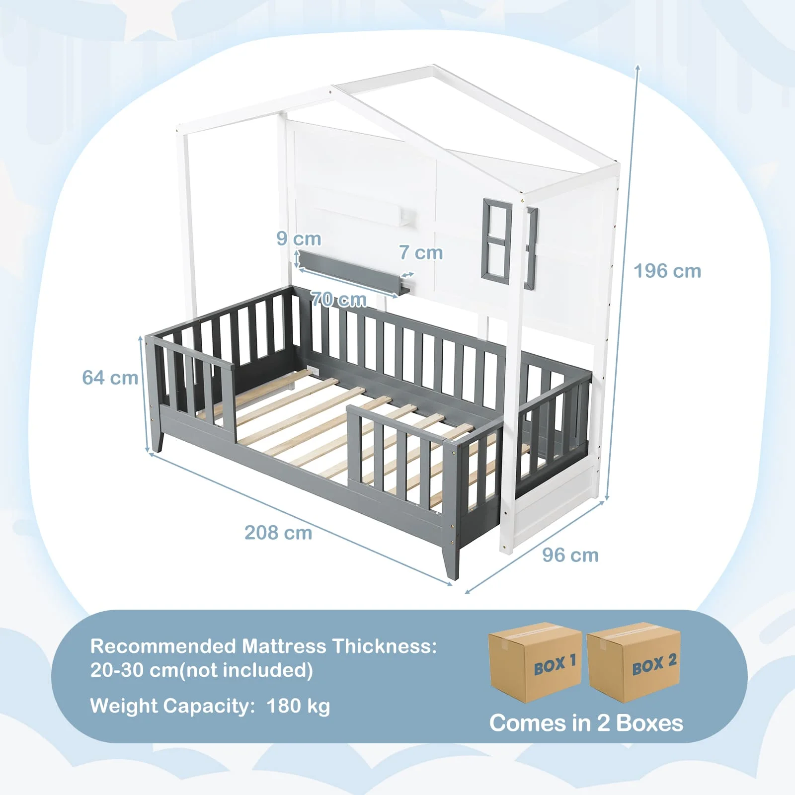 GOFLAME Kids Single Wood House Bed Montessori Floor Bed w/2 Shelves&Guardrails - Image 2