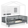 GOFLAME Kids Single Wood House Bed Montessori Floor Bed w/2 Shelves&Guardrails