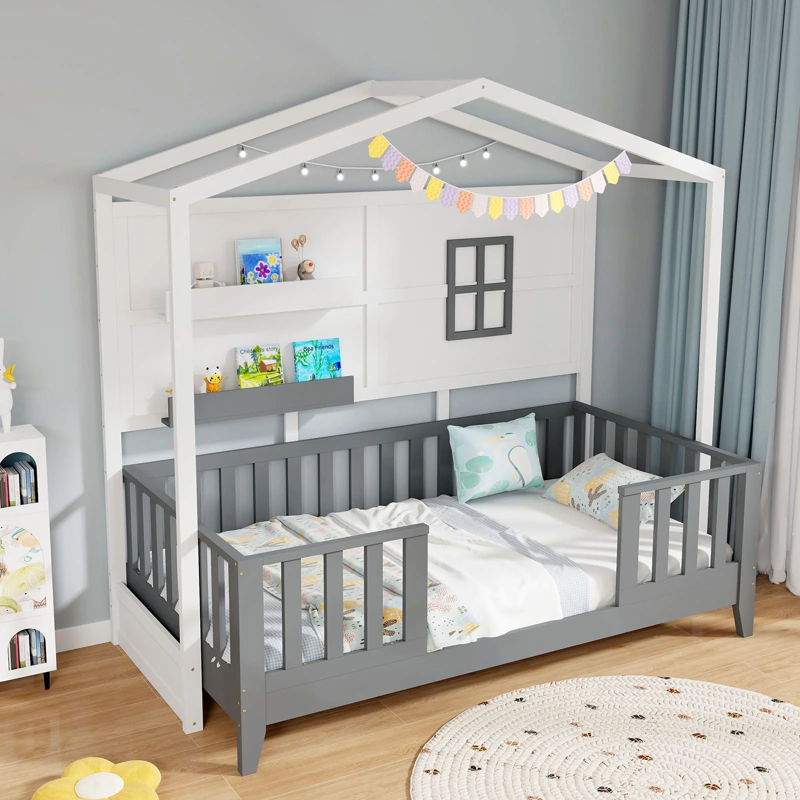 GOFLAME Kids Single Wood House Bed Montessori Floor Bed w/2 Shelves&Guardrails - Image 4