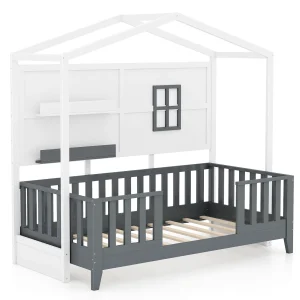 GOFLAME Kids Single Wood House Bed Montessori Floor Bed w/2 Shelves&Guardrails