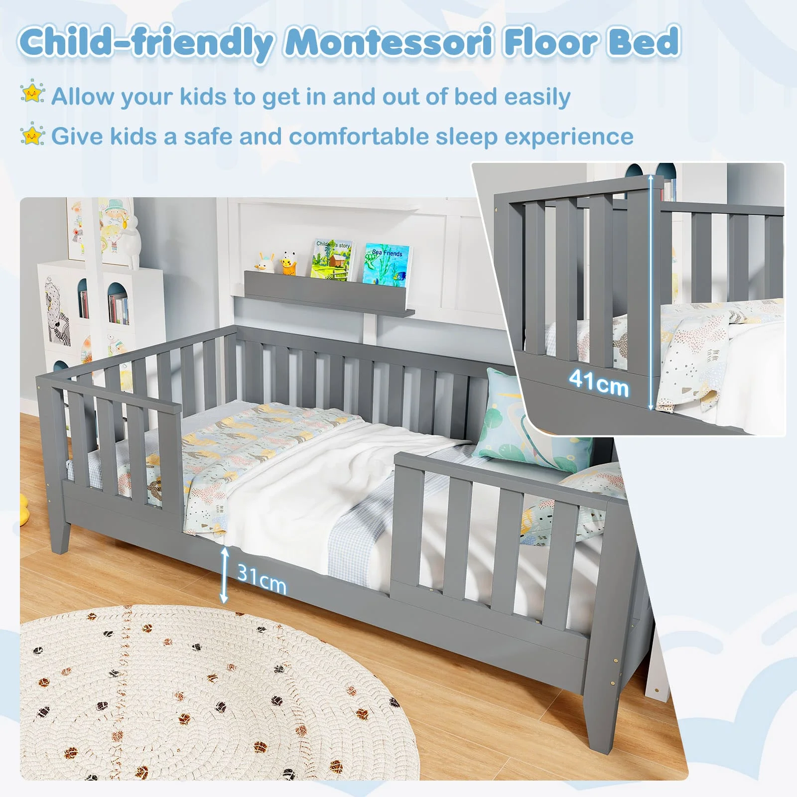 GOFLAME Kids Single Wood House Bed Montessori Floor Bed w/2 Shelves&Guardrails - Image 5