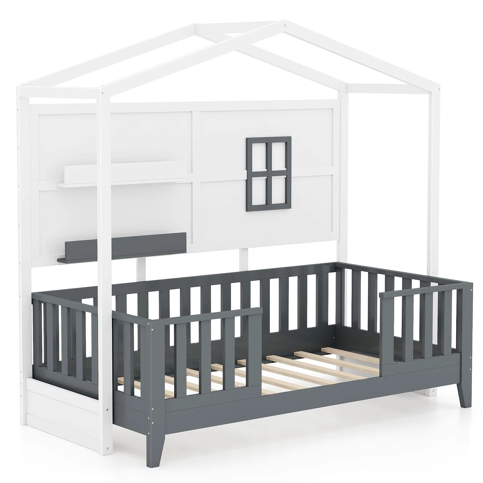 GOFLAME Kids Single Wood House Bed Montessori Floor Bed w/2 Shelves&Guardrails