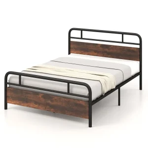 GOFLAME King Size Bed Frame Platform Metal Slats Support Bed W/ Industrial Headboard
