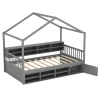 GOFLAME Single Size House Bed Wooden Platform Bed Frame w/Roof-Grey