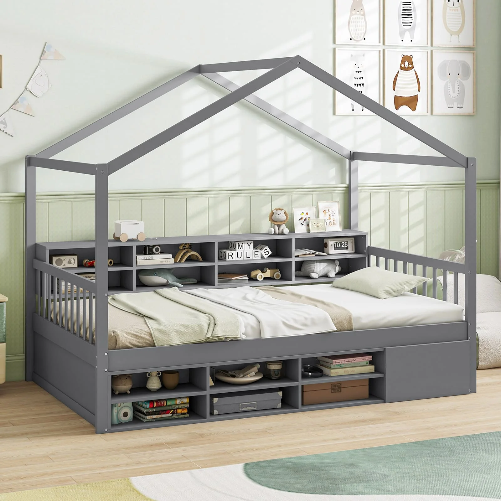 GOFLAME Single Size House Bed Wooden Platform Bed Frame w/Roof-Grey - Image 3