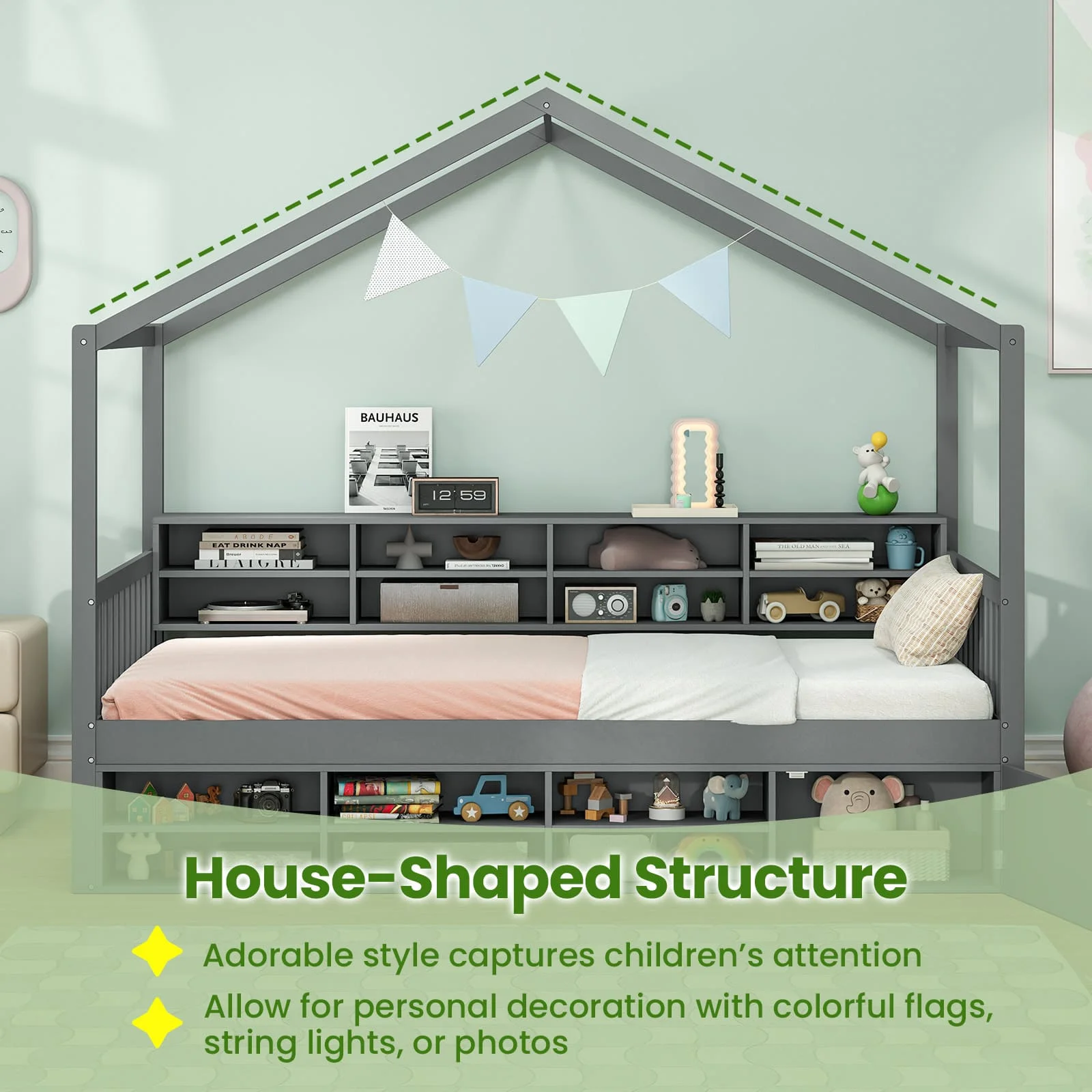GOFLAME Single Size House Bed Wooden Platform Bed Frame w/Roof-Grey - Image 6