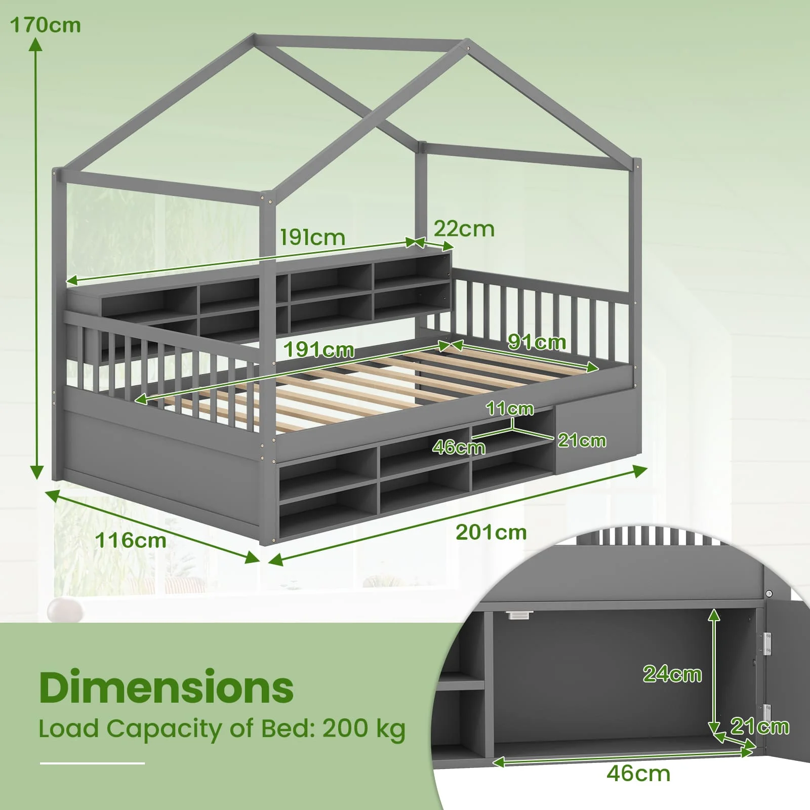GOFLAME Single Size House Bed Wooden Platform Bed Frame w/Roof-Grey - Image 2
