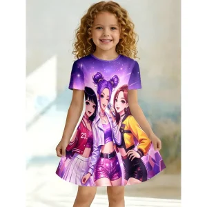 Girl K-Pop Star Group Printed Dress, Purple Galaxy Short Sleeved T-shirt Dress Suitable for Birthday Gifts and Parties