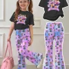 Girls 2-Piece 2026 K-Pop Concert Outfit - Black Graphic T-Shirt & Pastel Character Print Flared Pants Set for Kids