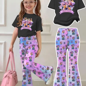 Girls 2-Piece 2026 K-Pop Concert Outfit - Black Graphic T-Shirt & Pastel Character Print Flared Pants Set for Kids