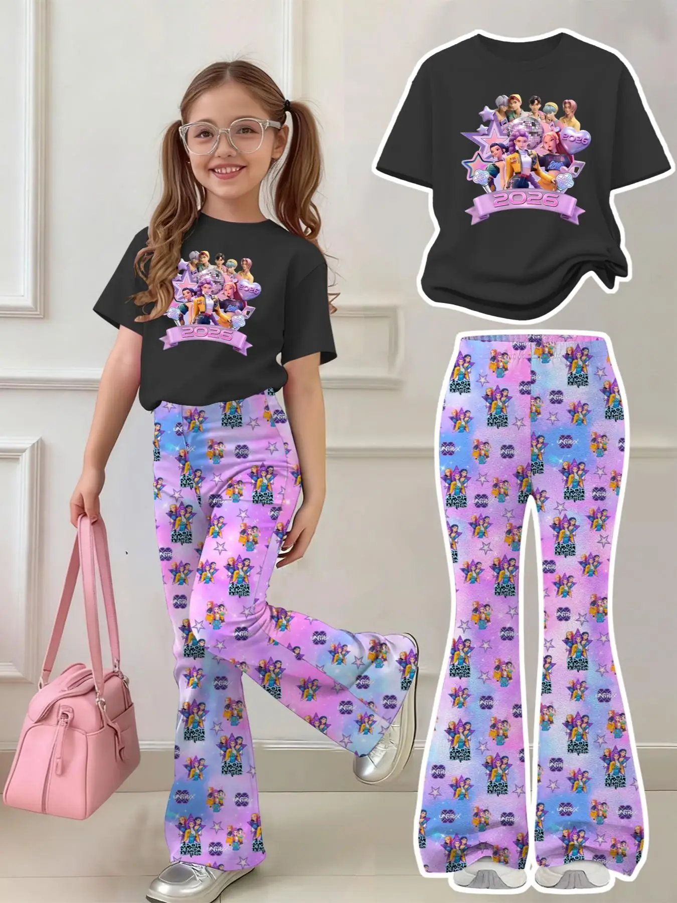 Girls 2-Piece 2026 K-Pop Concert Outfit - Black Graphic T-Shirt & Pastel Character Print Flared Pants Set for Kids