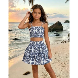 Girls 8-12 Blue White Floral 2-Piece Set, Front Spaghetti Straps Top & Tiered Skirt/Back Smocked, Casual Daily Outfit