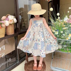 Girls Casual Dresses Floral Print Plaid Patchwork Sleeveless Dress Kids Clothes Girls 3 To 7 Years Kids Dresses for Girls