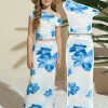 Girls' Casual Skirt Set: Blue Sleeveless Asymmetrical Neckline Top + Blue Floral Print Skirt Two-Piece Set, Blue Floral Print, Fashionable and Versatile, Suitable for Girls Aged 5-13, Home and Vacation Wear